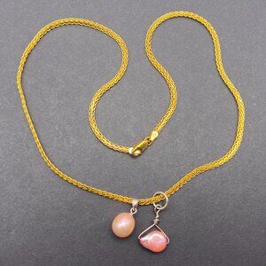 IBB 925 Sterling Silver Gold Vermeil Twisted Rope Necklace 18" + 2 Pink Pearls